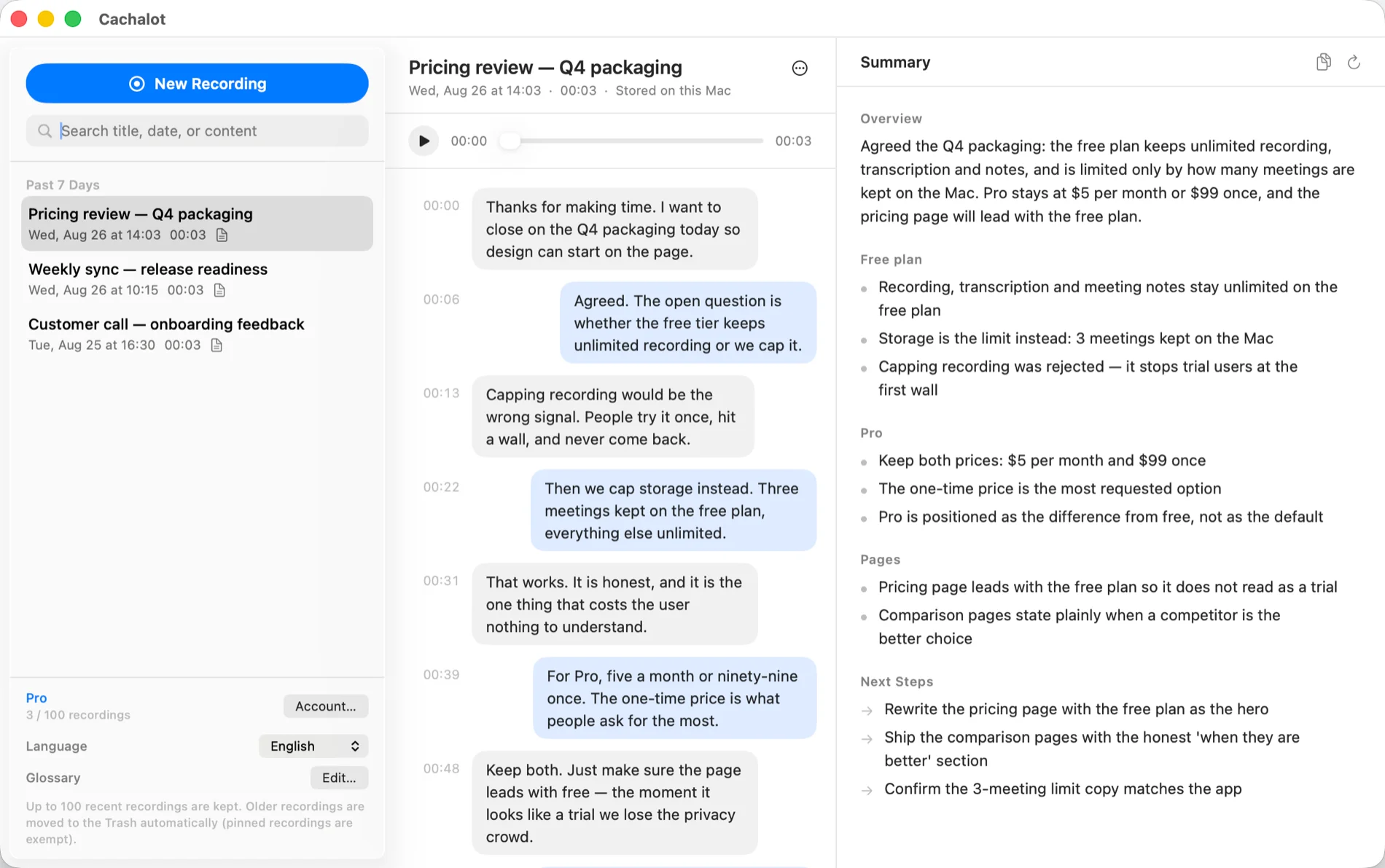 Cachalot's window: the meeting list, the transcript separated by speaker, and the generated meeting notes